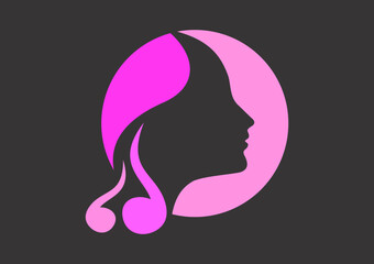 silhouette of a woman with pink hair on beauty woman heart vector logo