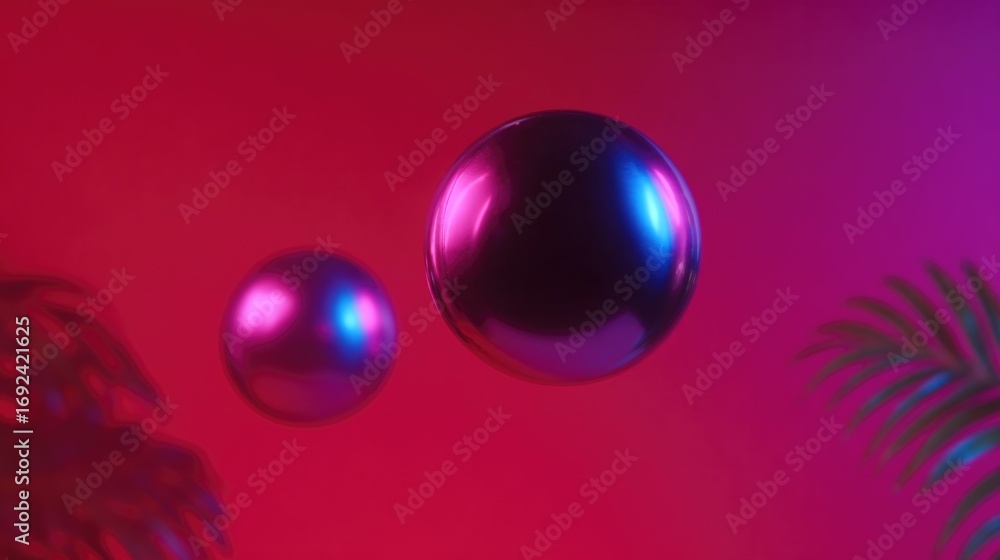 Poster glossy spheres float against vibrant red backdrop, creating dyna