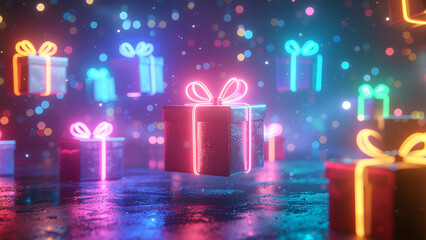 A photorealistic Christmas background with floating neon gift boxes in vibrant colors, creating a festive and modern holiday vibe