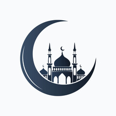 A detailed illustration of a mosque silhouette nestled within a crescent moon, symbolizing Islamic faith.
