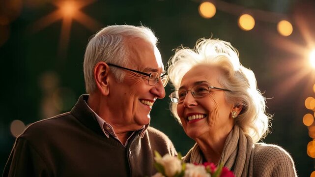 Elderly Couple Smiling at Each Other with Warm Lighting and Flowers for Romantic Blogs, Couples' Websites, Wedding Invitations, and Social Media Content
