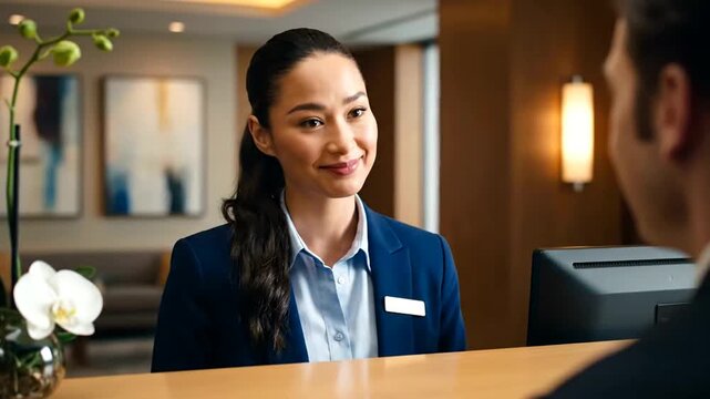 A friendly female hotel receptionist in a blue uniform smiles warmly while assisting a male guest at the front desk.