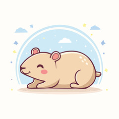 Cute cartoon hamster illustration with a happy expression, set against a light blue background with clouds and stars.