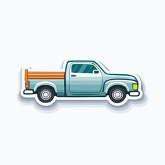 Illustration of a light blue pickup truck with a wooden bed, side view.
