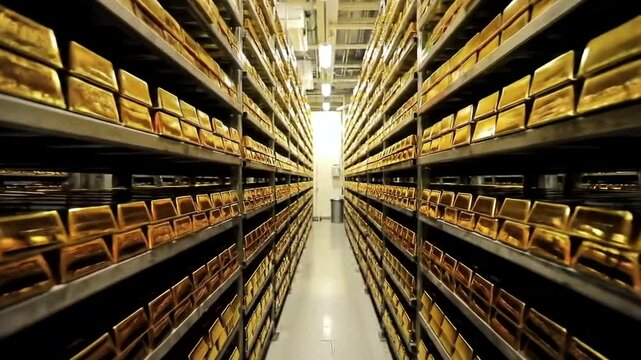 A vast storage facility filled with gold bars, symbolizing wealth and security in the banking industry.