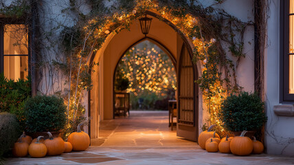 Autumn country scene with autumn decor, leaf, branch, gate, wreath styled setting for home, outdoor, cottage, lifestyle, estate, porch or countryside real estate backdrop