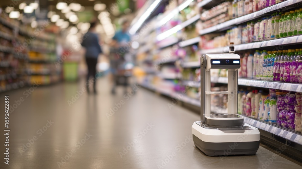 Poster medium shot of a mobile robotic unit navigating store aisles while automatically restocking shelves 