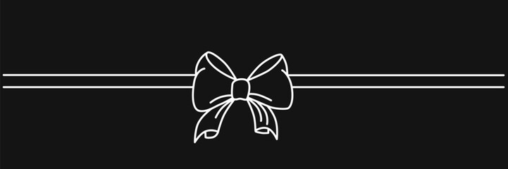 Hand drawn girly coquette bow ribbon banner. Editable stroke line. Vector stock illustration isolated on black background for design template birthday, wedding, Christmas card, invitation, sale
