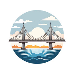 Obraz premium Illustration of a modern cable-stayed bridge over water with a sunny sky in the background.