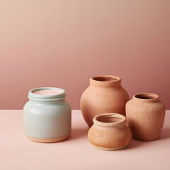 Four rustic terracotta and ceramic vases arranged on a pink surface