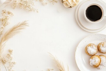 Xícara de café elegante com detalhes dourados, acompanhada de doces e decorações festivas em fundo branco, criada com IA generativa para um visual sofisticado e convidativo