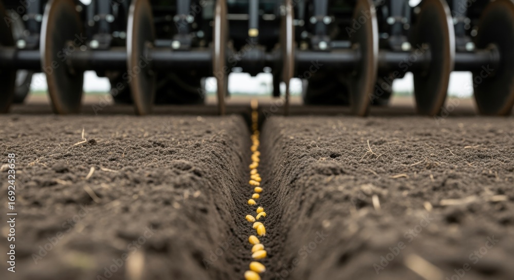 Poster medium shot capturing the even distribution of corn seeds at medium depth highlighting machinery set