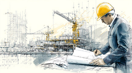 Architect or engineer reviewing blueprints and plans at a construction site with crane and building sketch
