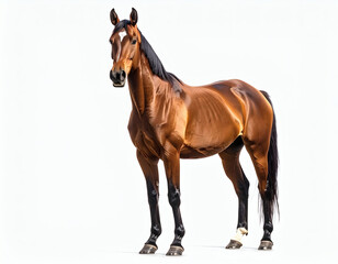 Obraz premium Elegant bay horse with a shiny brown coat and black mane, standing tall and looking at the camera, isolated on a pure white background