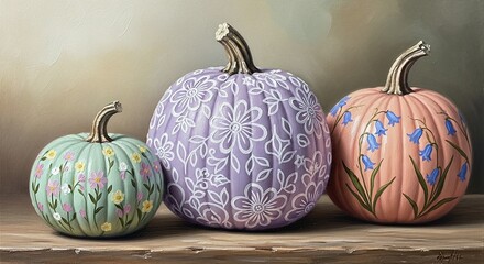 Hand painted pumpkins with floral designs on a rustic wooden surface