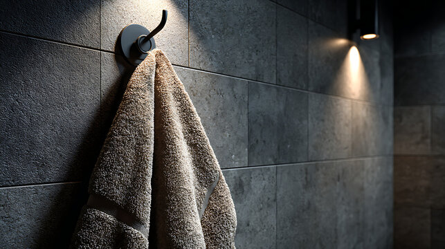 A soft, clean towel hangs on a modern black hook against a dark, tiled wall, illuminated by a spotlight. A moody and luxurious spa or bathroom concept.