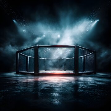 Atmospheric mma octagon arena with dramatic lighting and smoke effects for combat sports
