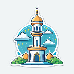 A cartoon illustration of a mosque with a tall minaret, surrounded by clouds and greenery, set against a blue sky with stars.