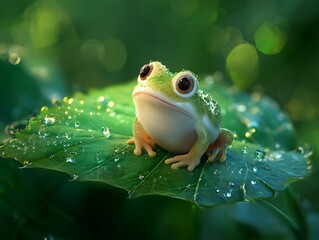 Frog emoji icon sitting on leaf with dewy surface and green lighting