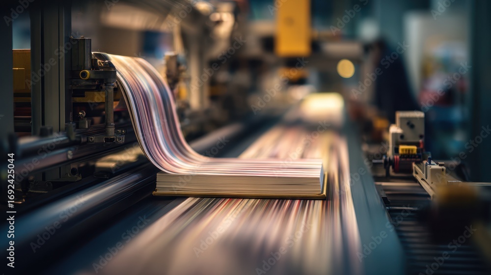 Poster Medium shot of a digital printer creating a shortrun batch of books with the main book in sharp focus and background machinery softly blurred.