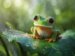 Frog emoji icon sitting on leaf with dewy surface and green lighting