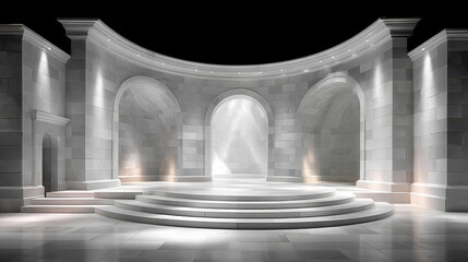 Majestic neoclassical hall with marble columns, glowing light beams, and grand architecture. Perfect background for luxury branding, cinematic design, historical themes, and elegant presentations.