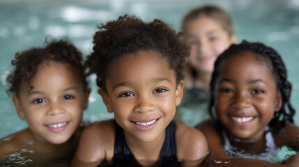 Diverse children enjoying swimming lessons in pool