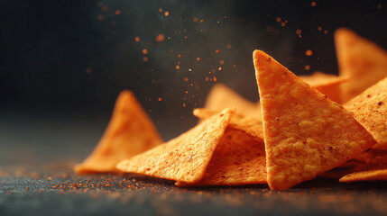 Ultra crisp triangle chips snack process food shot with spicy seasoning falling, warm light, shallow focus, crunchy mood