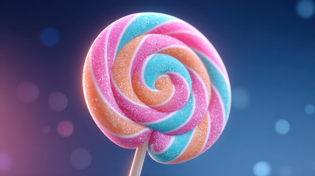 Ultra colorful lollipop swirl with sugar sparkle, macro candy pop on stick, dreamy bokeh background, joyful vibe in sweet process of food delight