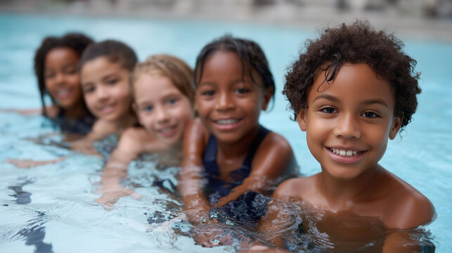 Diverse children enjoying swimming lessons in pool