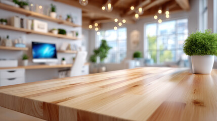 Modern wooden table in bright interior with sunlight, potted plants, and blurred city view. Perfect background for product mockups, design presentations, or lifestyle concepts.