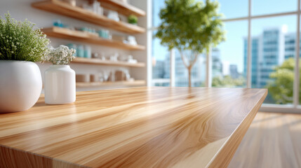 Modern wooden table in bright interior with sunlight, potted plants, and blurred city view. Perfect background for product mockups, design presentations, or lifestyle concepts.