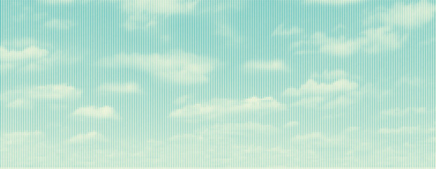 Blue sky vector with line clouds. Linear halftone retro engrave style abstract background.