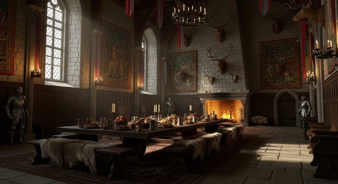 Medieval banquet hall with candlelit feast and rustic decor