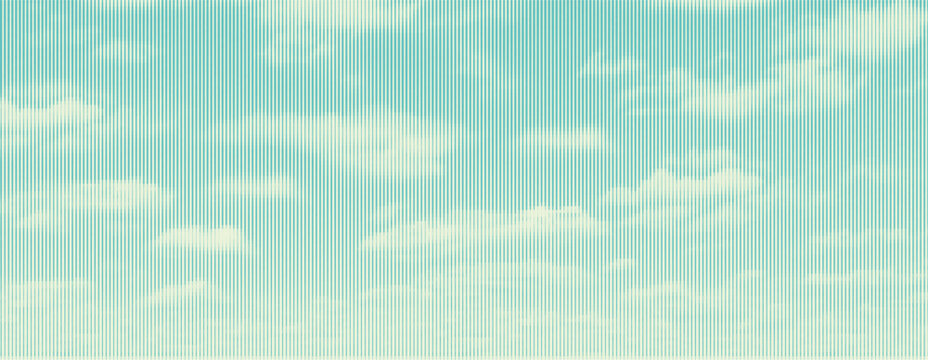 Blue sky vector with line clouds. Linear halftone retro engrave style abstract background.