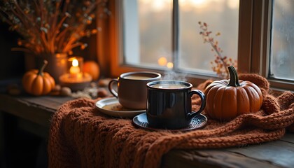 Warm beverages and autumn decorations create a cozy atmosphere by the window in a rustic setting during the fall season Generative AI