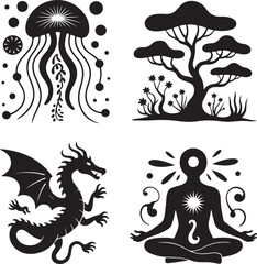 Jellyfish, Tree, Yoga & Dragon Silhouette Vector Bundle