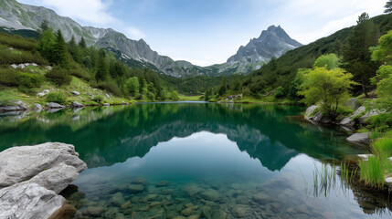 Fototapeta premium Beautiful alpine lake landscape with mountain backdrop
