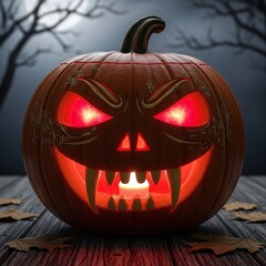 Spooky carved pumpkin with glowing eyes and fangs for halloween night