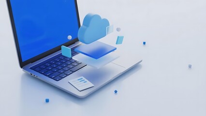 Laptop with Cloud Computing Elements Floating Above