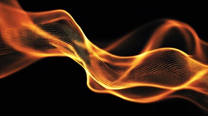 Fototapeta premium Flowing Orange Particle Waveform with Curved Motion and Textured Depth on Black Background