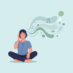 Person listening to music with headphones, abstract shapes emanating.