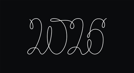 2026 sign - decoration continuous line hand drawing sign for year calendar. Vector stock illustration minimalism design isolated on black chalkboard background. Editable stroke single line. 