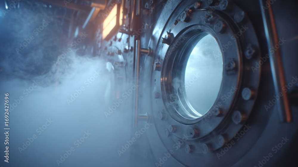 Poster Closeup of the chamber door being sealed with a transparent view showing the transition from ambient light to a controlled environment emphasizing the enclosed CO2rich atmosphere.