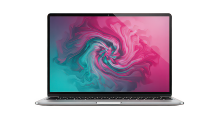 Laptop computer displaying a vibrant abstract graphic isolated on transparent background, ideal for showcasing modern technology