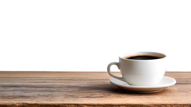 Freshly brewed black coffee in a white ceramic cup on a rustic wooden surface, perfect start