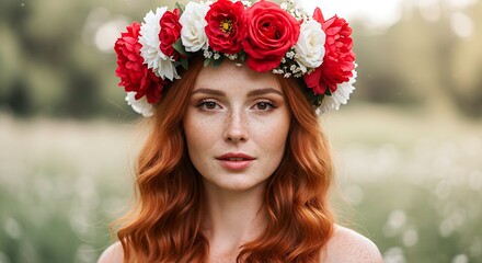 Beautiful woman with flower wreath in nature.