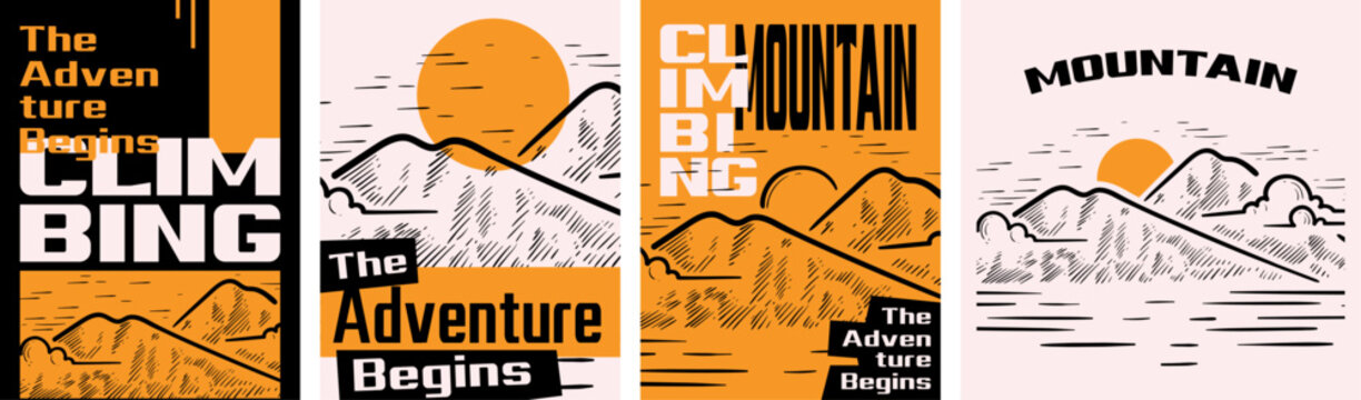 Climbing or mountaineering themed vector illustration. Line art of mountain and sunset. Bold modern design for poster, flyer, magazine, book cover, art print, or banner.
