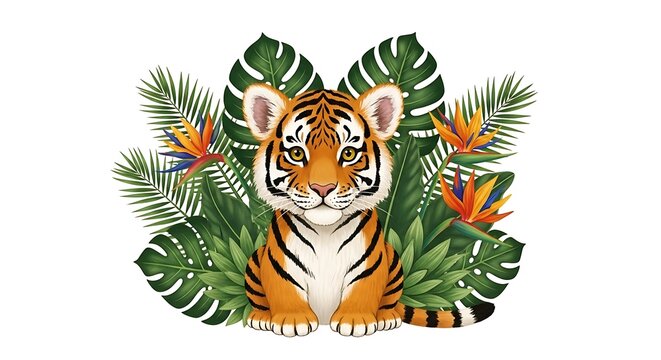 Cute tiger cub surrounded by tropical plants.