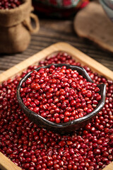 Red Beans in Metal Scoop on Wooden Tray - Organic Legumes and Healthy Cooking Ingredients